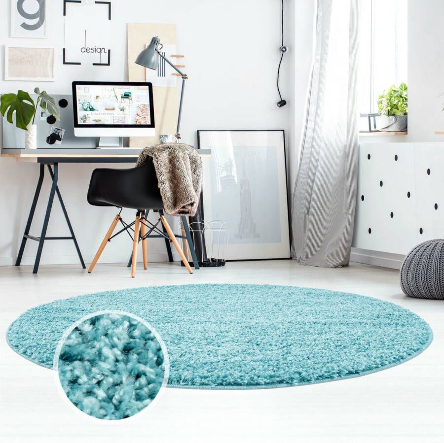 Muratap Tapijtenloods Shaggy Hoogpolig Vloerkleed Effen Turquoise Rond- 200 CM ROND