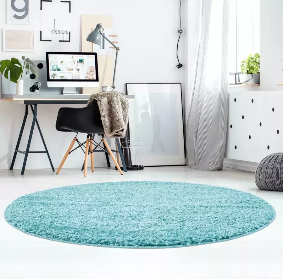 Muratap Tapijtenloods Shaggy Hoogpolig Vloerkleed Effen Turquoise Rond- 200 CM ROND