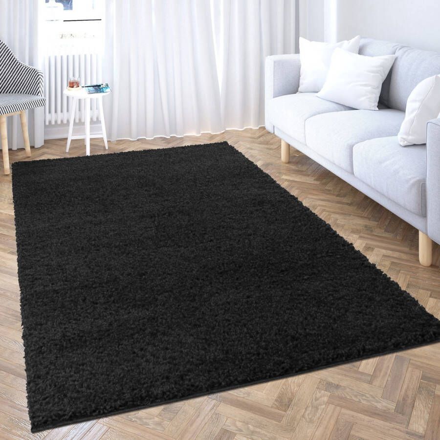 Muratap Tapijtenloods Shaggy Hoogpolig Vloerkleed Effen Zwart- 60x110 CM