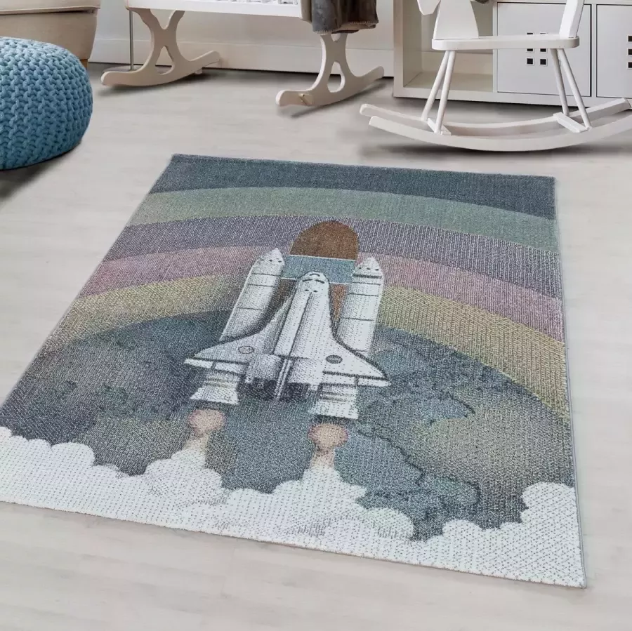 Muratap Tapijtenloods Space Shuttle Laagpolig Baby Kinderkamer Vloerkleed Blauw Multi 140x200 CM
