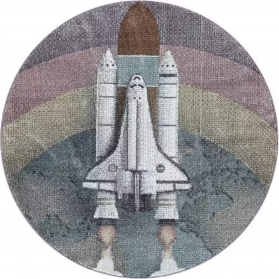 Muratap Tapijtenloods Space Shuttle Rond Laagpolig Baby Kinderkamer Vloerkleed Blauw Multi 120 CM ROND
