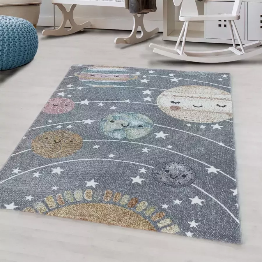 Muratap Tapijtenloods Universe Laagpolig Baby Kinderkamer Vloerkleed Grijs- 200x290 CM