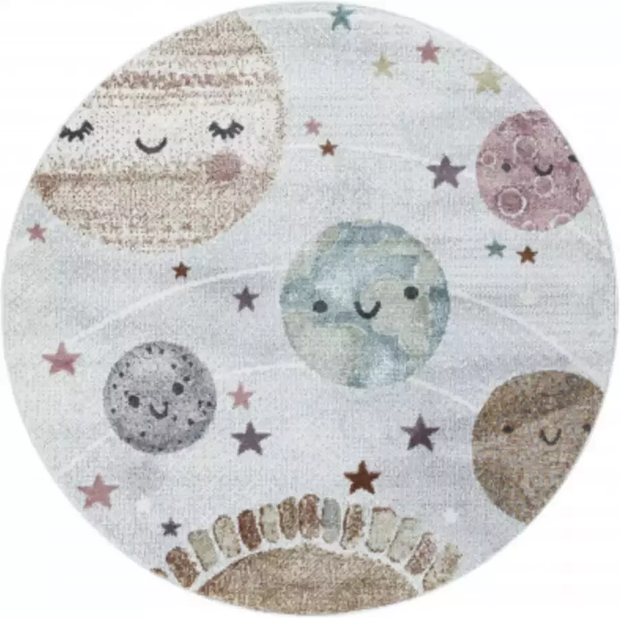 Muratap Tapijtenloods Universe Rond Laagpolig Baby Kinderkamer Vloerkleed Wit- 160 CM ROND