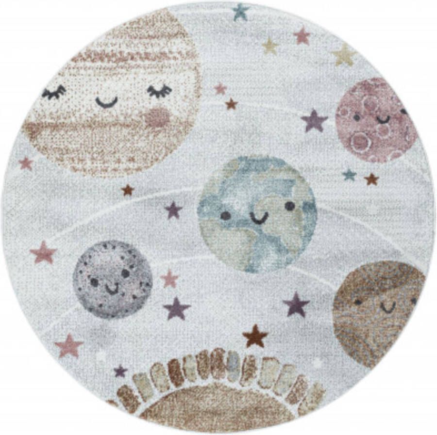 Muratap Tapijtenloods Universe Rond Laagpolig Baby Kinderkamer Vloerkleed Wit
