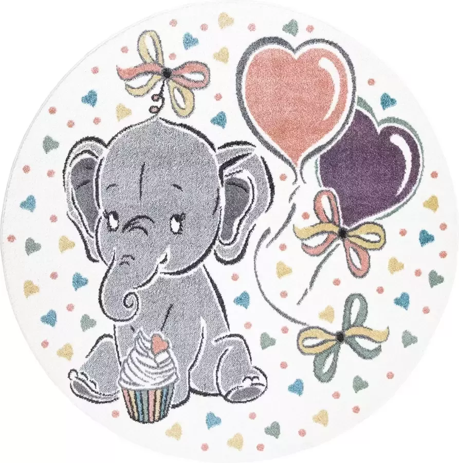 Muratap Tapijtenloods Vloerkleed Baby Olifant Rond Laagpolig Anime Kids Creme- 160 CM ROND