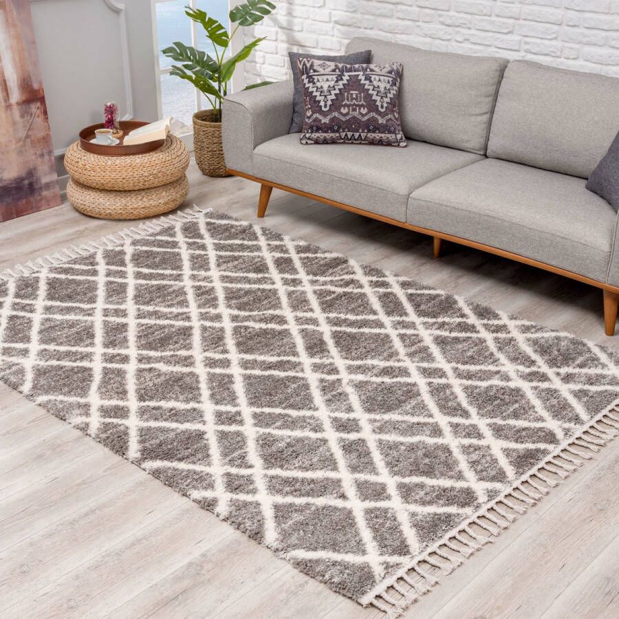 Muratap Tapijtenloods Vloerkleed Hoogpolig Shaggy in Grijs Creme Modern Scandinavisch 200x290 CM