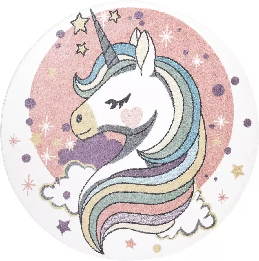 Muratap Tapijtenloods Vloerkleed Unicorn Rond Laagpolig Anime Kids Roze Creme- 160 CM ROND