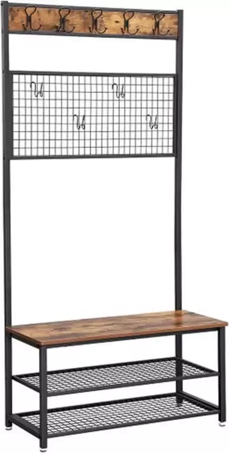 Muthu Design Kapstok met bank- Kapstok met 9 kapstokhaken en schoenenrek- Met memobord van gaas- Hal- Slaapkamer- Industrieel design- Vintage Bruin-Zwart