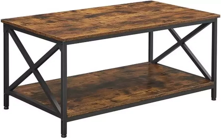 Muthu Design Woonkamertafel- Salontafel- X-vormige steunen- Met stalen frame en legplanken- 100 x 55 x 45 cm- Industrieel ontwerp- Landelijke stijl- Vintage bruin-zwart