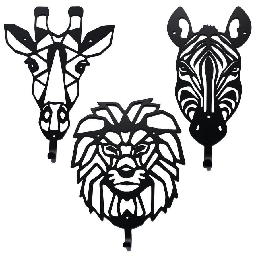 Muuzey Kinderkapstok – Jungle dierenkoppen Safari – Kinderkapstok Kinderkamer Babykamer kapstokken Zwarte wandkapstok Kapstok kinderkamer Babykamer accessoires Dieren kapstok Mataal Zebra Leeuw Giraf