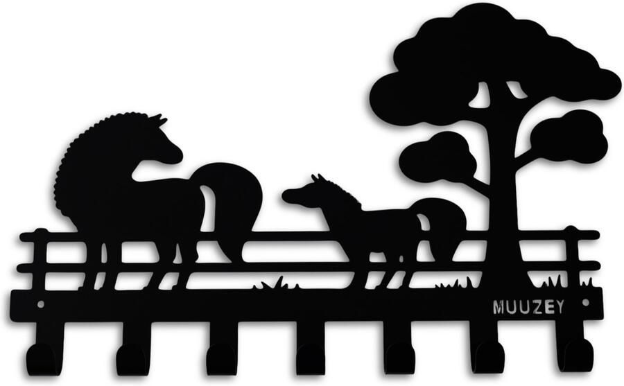 Muuzey Kinderkapstok – Paarden Horses Kinderkamer Babykamer kapstokken Zwarte wandkapstok Kapstok kinderkamer Babykamer accessoires Kinderkapstok haakjes Paarden kapstokken Met bevestigingsmateriaal 7 Haken