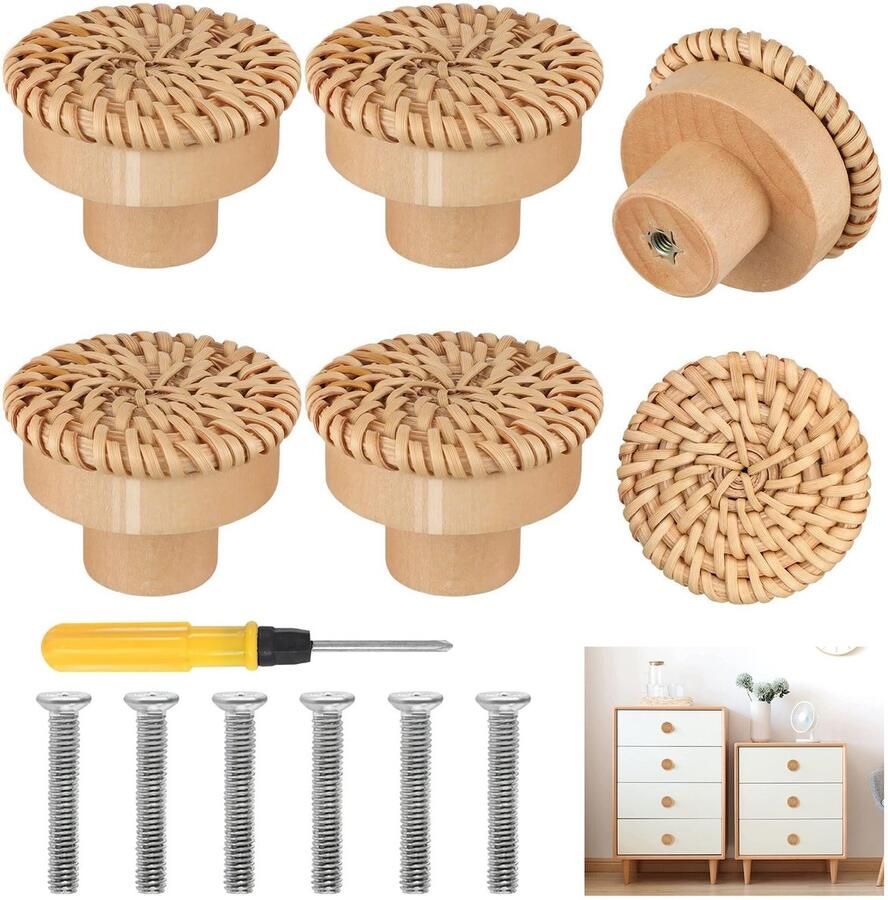 My Ninki Charmante Rotan Houten Meubelknoppen Set van 6 voor Stijlvolle Interieurdecoratie