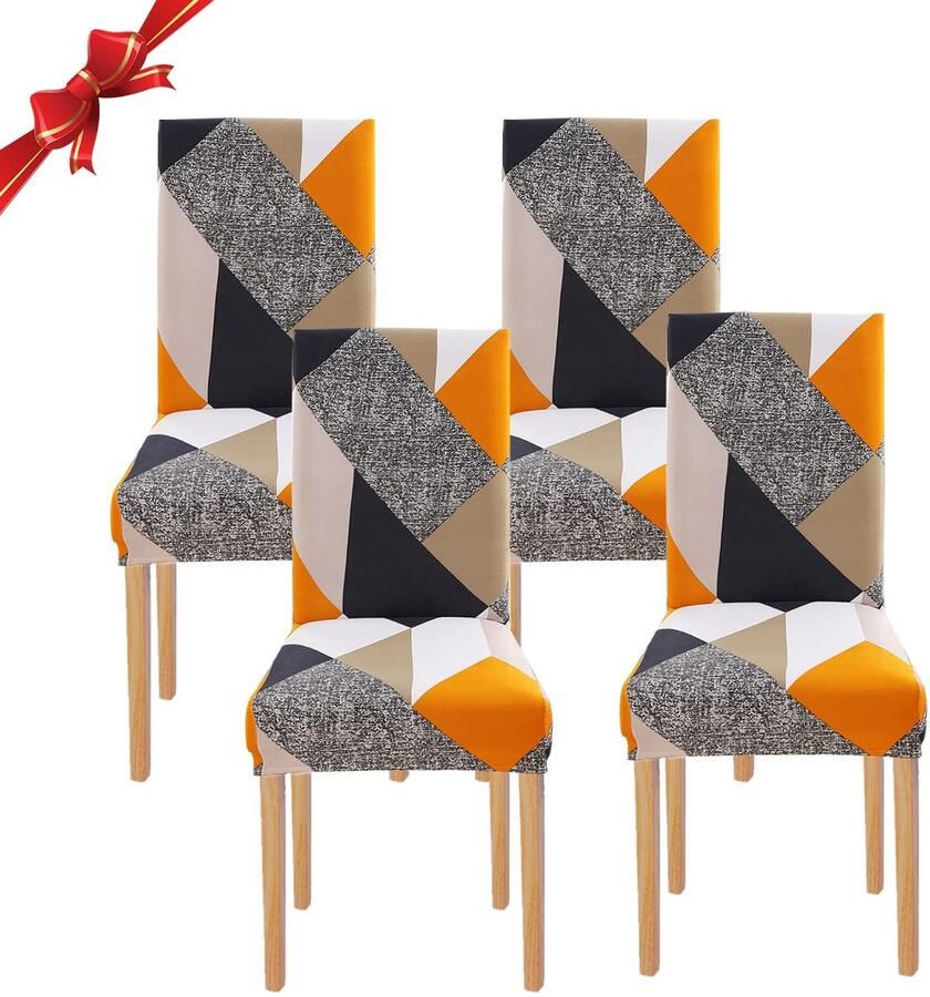 My Ninki Elastische Stoelhoezen Set van 4 voor Moderne Eetkamer- en Schommelstoelen in Geometrisch Oranje Design