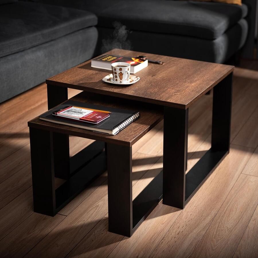 My Ninki Moderne Industriële Salontafel Set van Twee met Houten Blad en Zwart Frame voor Woonkamer