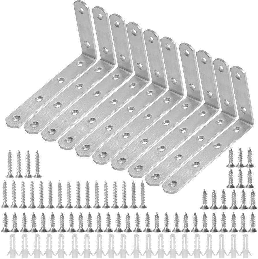 My Ninki Set van 10 L-vormige roestvrijstalen hoekbeugels voor meubels en planken met schroeven