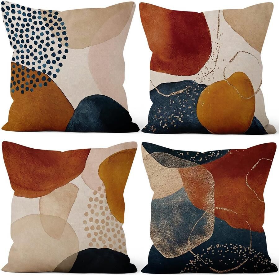 My Ninki Set van 4 Boho Sierkussenslopen met Abstracte Kunst en Kleurrijke Zonneprint voor Bank en Buiten