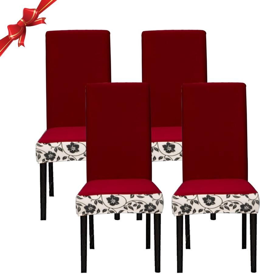 My Ninki Set van 4 Luxe Elastische Stoelhoezen voor Eetkamer en Banket met Bladerenpatroon in Bordeauxrood