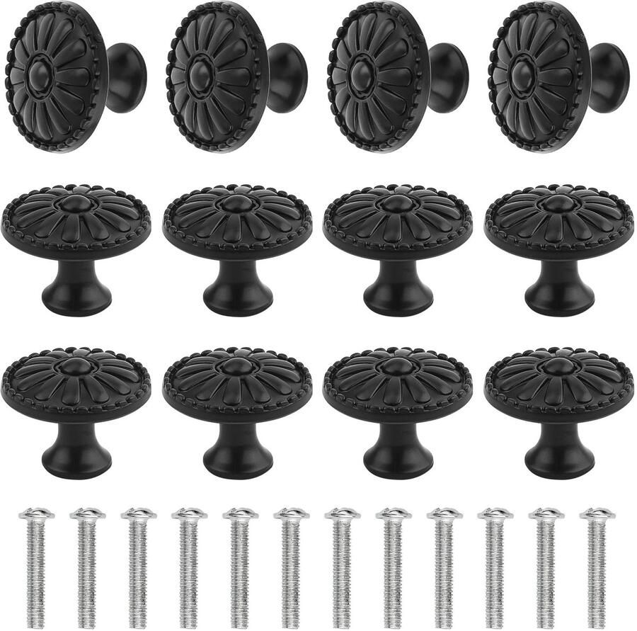 My Ninki Stijlvolle Zwarte Vintage Kastknoppen met Zonnebloemontwerp Set van 12 Stuks Inclusief Schroeven