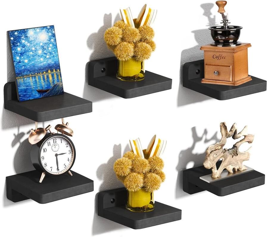 My Ninki Stijlvolle Zwarte Wandplanken Set van 6 voor Functionele Decoratie in Huis