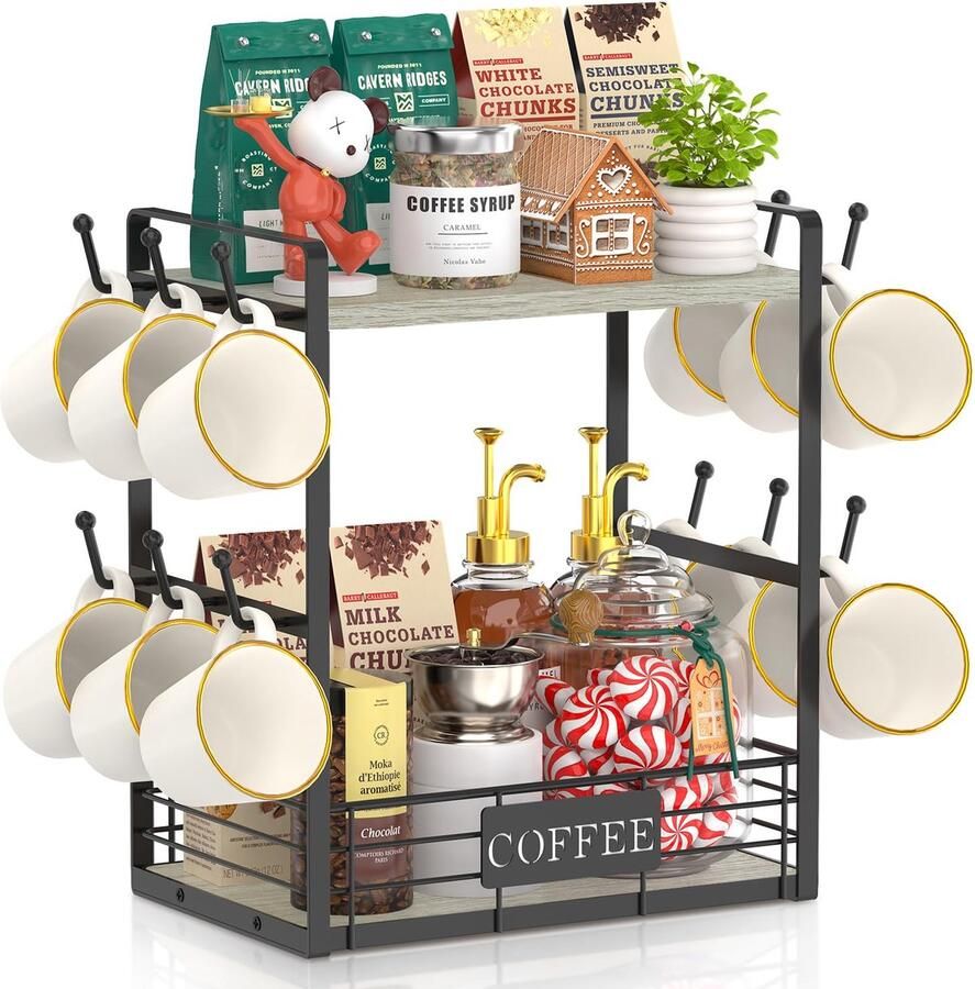 My Ninki Twee-Lagen Tassenhouder en Organizer voor Koffiebar en Keuken met 12 Haken en Opbergmand