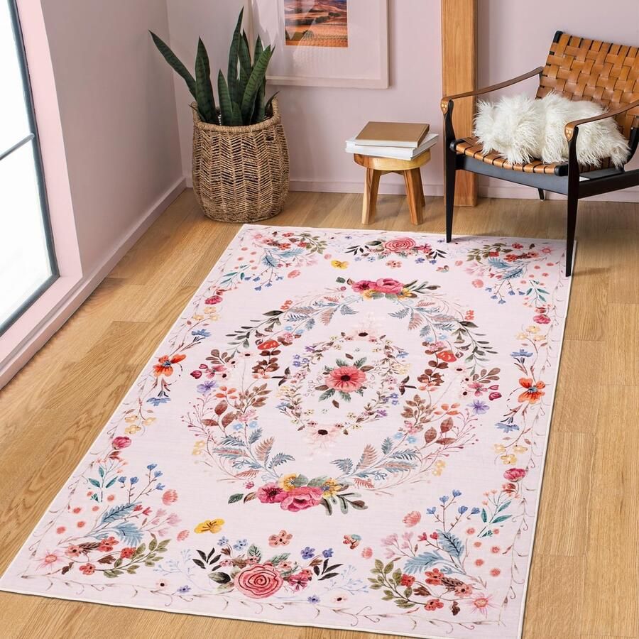 My Ninki Vrolijk Bloemen Vloerkleed voor Woonkamer Wasbaar Antislip Zacht en Modern Design
