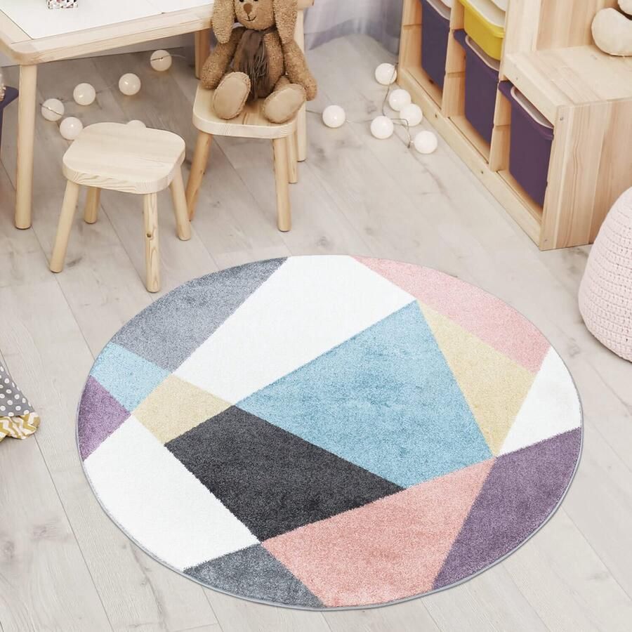 My Ninki Vrolijk Kleurrijk Rond Kinder- en Tienertapijt met Modern Geometrisch Design voor Elke Kamer