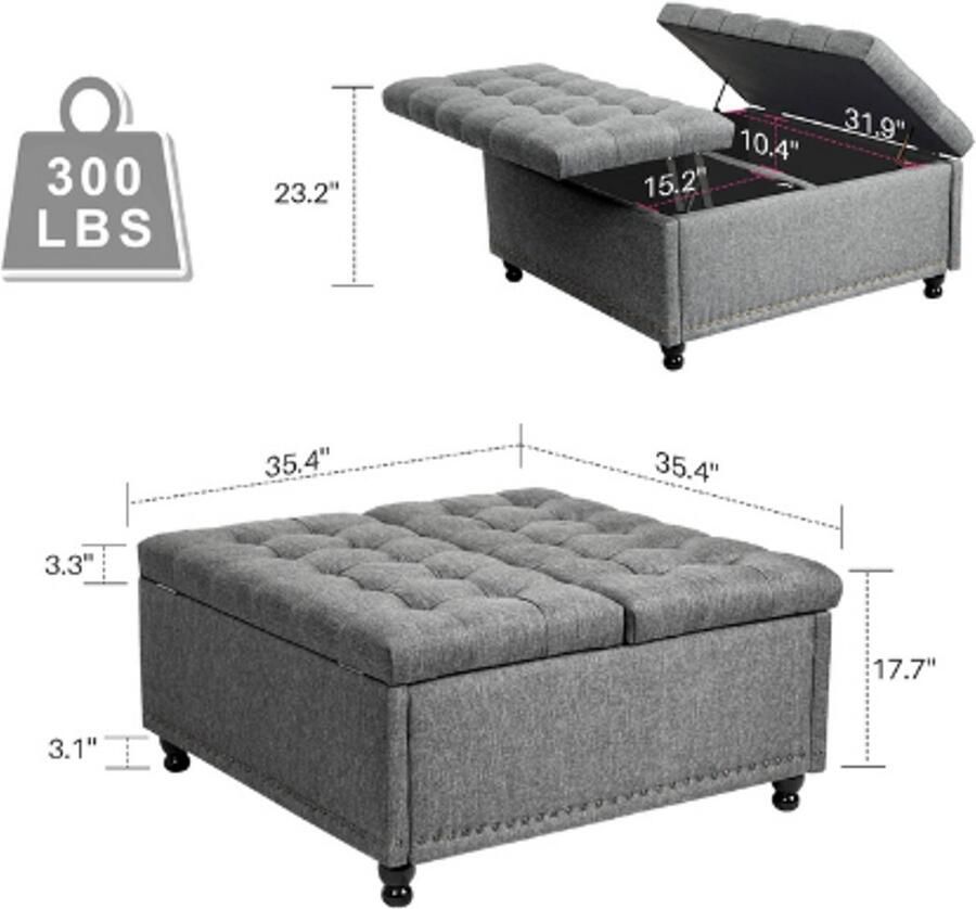 MyGroot Poef met opberg ruime Grote vierkante opbergbank Gestoffeerde salontafel Opbergbank met opklapbaar bovenblad Getuft textiel voor de woonkamer