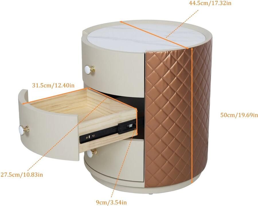 MyGroot Rond Nachtkastje Met 3 Laden Pvc Lederen Oppervlak Moderne Stijl Tafel Opbergkast Voor Woonkamer Slaapkamer