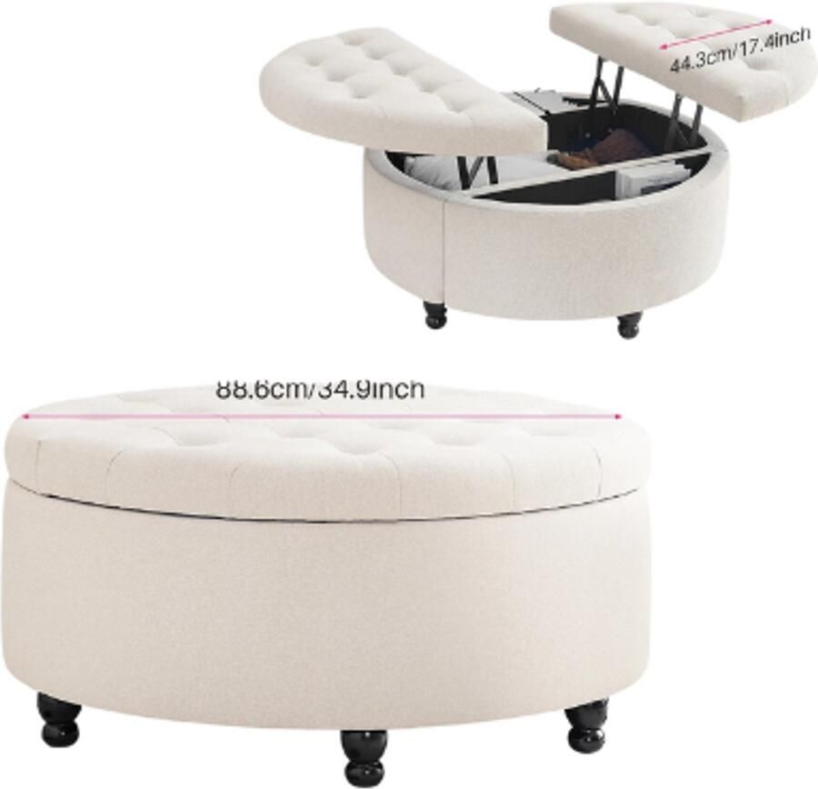 MyGroot Ronde opbergpoef Moderne getufte salontafel met knopen Opklapbaar deksel Gestoffeerde voetenbank voor woonkamer en slaapkamer