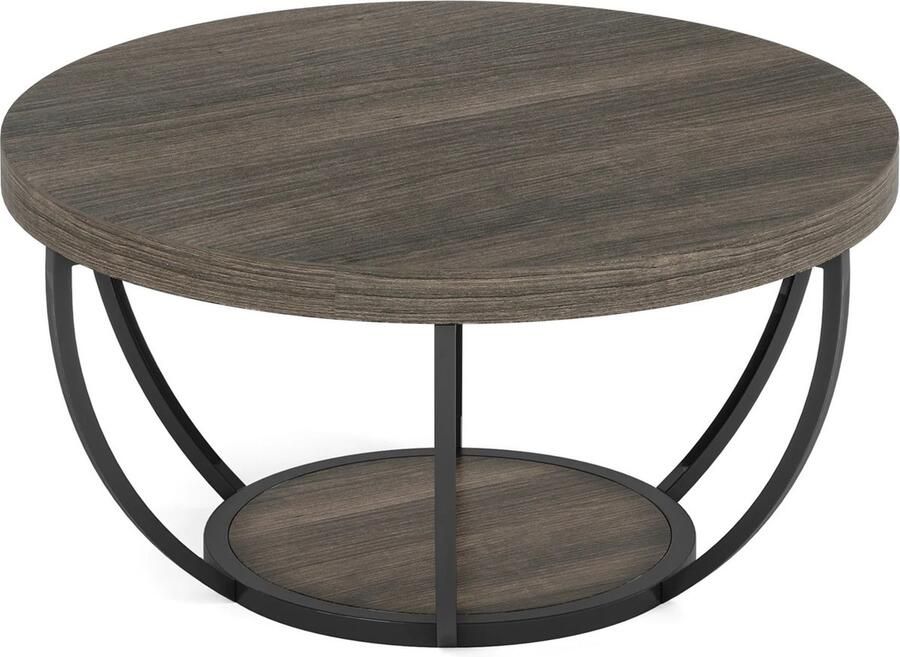 MyGroot Ronde salontafel Grijs en zwart Industriële 2-laags ronde salontafel Met opbergplanken Moderne houten bank bijzettafel