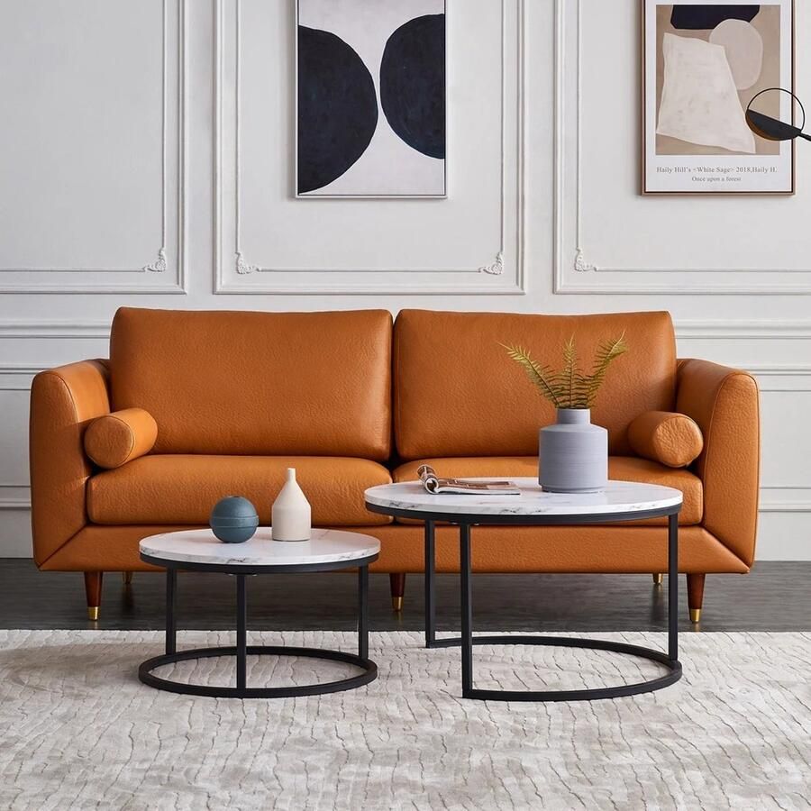 MyGroot Salontafel Set van 2 Marmer Look Ø80 Ø 45 cm Wit Bijzettafel Tafel Rond Woonkamer Tafel Decoratie Tafel Salon Tafel Wandtafel Koffietafel Zwart Metalen Frame Wit