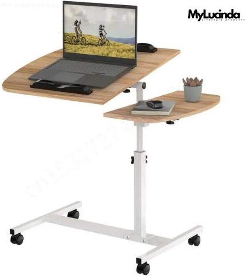Mylucinda Ergonomische Laptoptafel op Wielen Verstelbaar van 61 tot 95 cm Stabiel & Antislip Duurzaam Bamboo Design