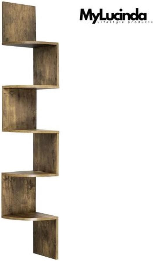 Mylucinda Houten Wandrek 5-Lagen Hoekplank 25x25x156cm Decoratief Opbergsysteem voor de Hoek Vintage Bruin Voor Woonkamer Slaapkamer en Kantoor