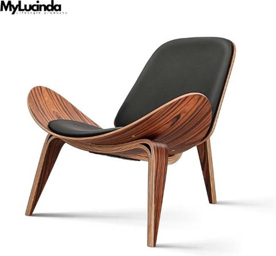 Mylucinda Luxe Nordic Lounge Stoel Driepotig Schelpontwerp Zwart Walnoot Multiplex & Hoogwaardig Kunstleer Perfect voor de Woonkamer