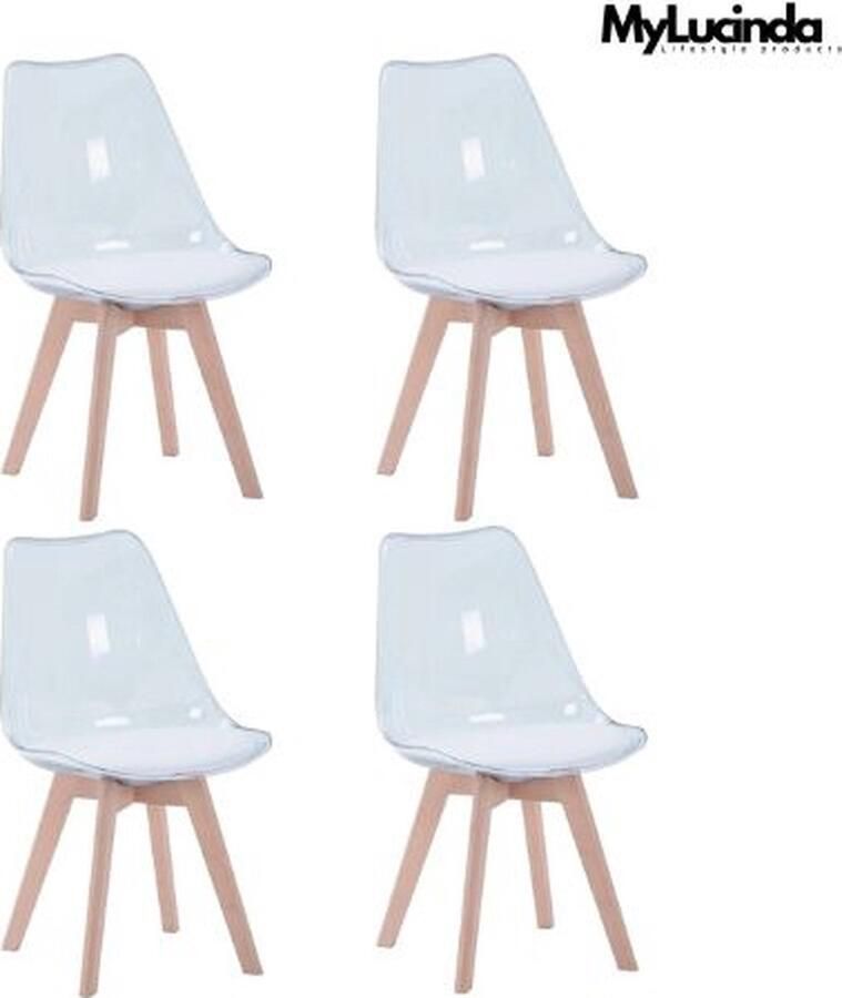 Mylucinda Set van 4 Transparante Eetkamerstoelen met Houten Poten Moderne PU Stoelen Comfortabel en Duurzaam Geschikt voor Keuken Slaapkamer & Woonkamer Wit