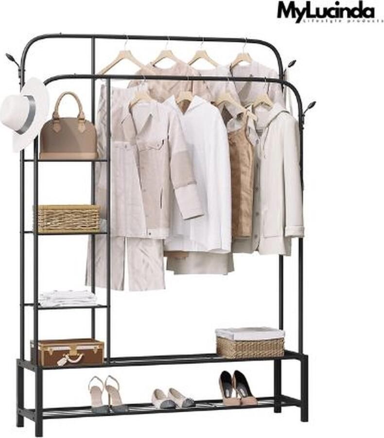 Mylucinda Stabiele Kapstok Staand met 2 Kledingrails en Schoenenrek – 130x164x33 cm – Kleding Haak Opslag voor Slaapkamer of Gang – Zwart - Foto 2