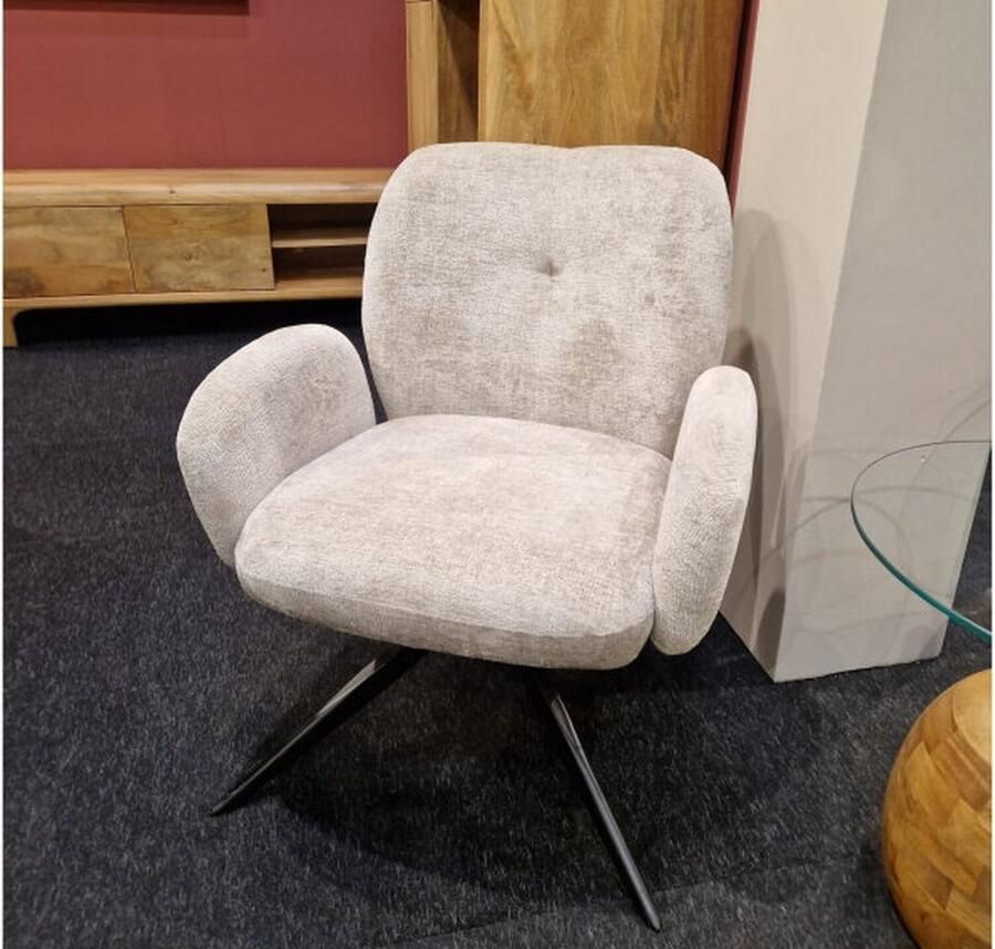 MySons Draaifauteuil Bobby 360° Perfect Harmony Ivory 80x68x75 cm Luxe Comfortabele Fauteuil Moderne Designstoel Zachte Stoffen Bekleding Zwarte Metalen Poot Draaistoel voor Woonkamer Lounge of Kantoor