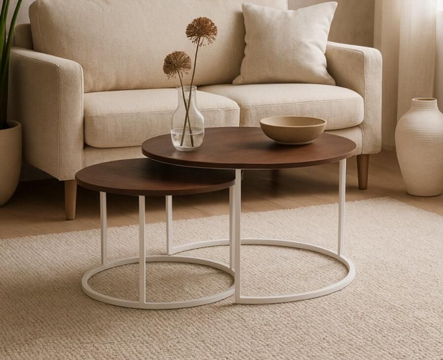 MySons Salontafel Barbados rond set van 2 mangohout walnoot beige frame 65x65x42 cm & 50x50x35 cm