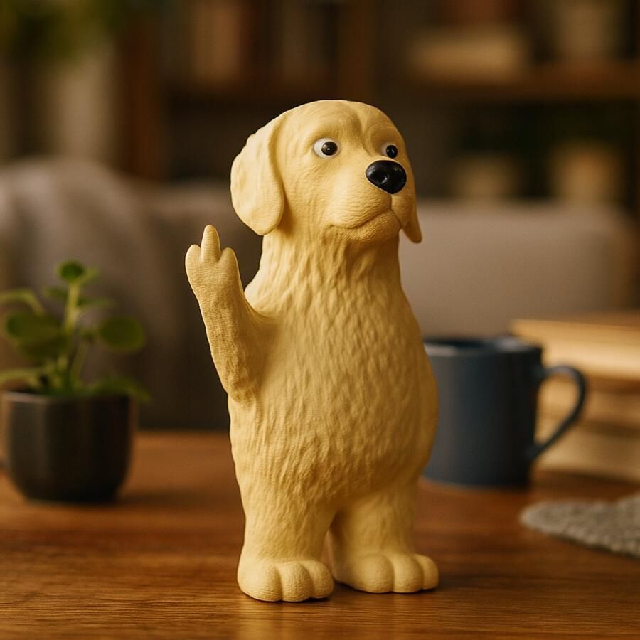 N&M Development Middelgroot Grappig Golden Retriever Beeldje – 3D-geprinte Hondendecoratie met Middelvinger Uniek Cadeau voor Dierenliefhebbers Bijzondere Bureau- of Woondecoratie