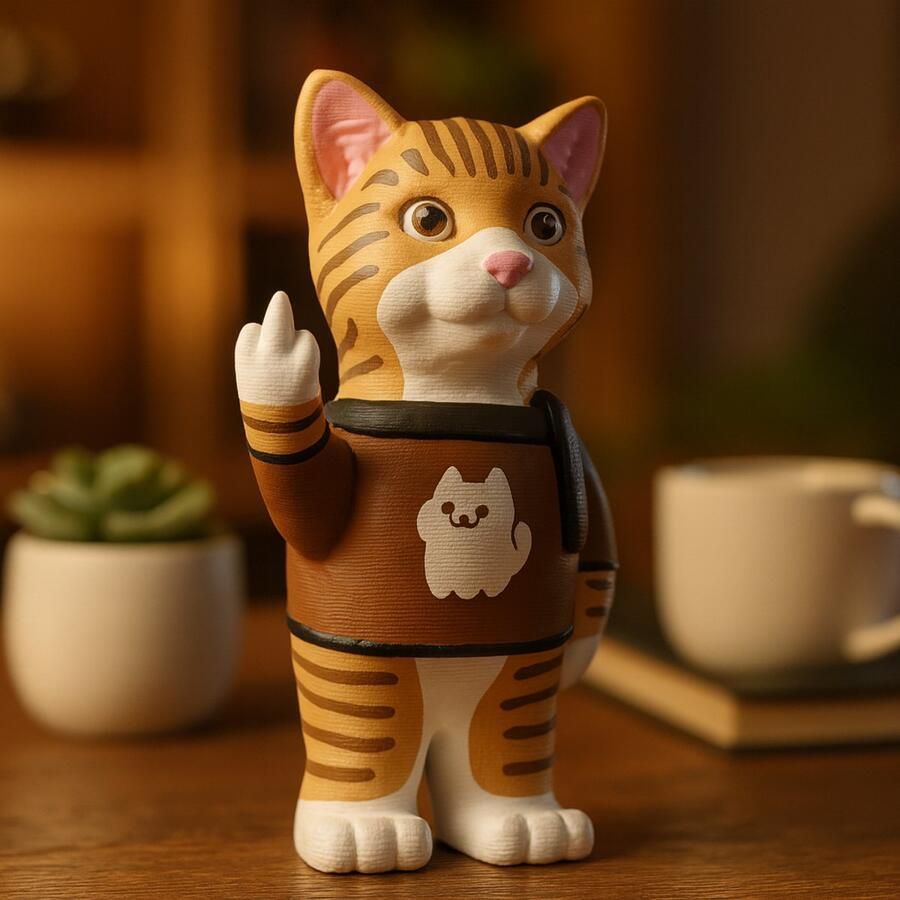 N&M Development Groot Grappig Trui Kat Beeldje – 3D-Geprinte Kat met Middelvinger Unieke Bureau Decoratie Eigenzinnig Cadeau voor Kattenliefhebbers Kantoor of Woondecoratie