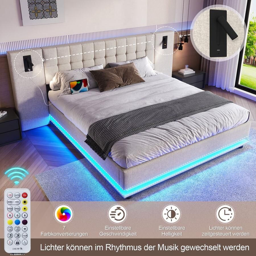 NA Gestoffeerd bed met USB C-type oplaadfunctie LED verlichting opbergruimte hoofd en lade eenpersoonsbed 180 x 200cm (geen matras)