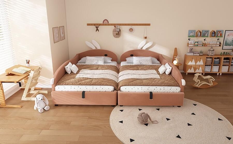 NA Gestoffeerd kinderbed Eenpersoonsbed 90 x 200 cm*2 een-voor meisjes bed voor tienermeisjes zonder matras fluweel