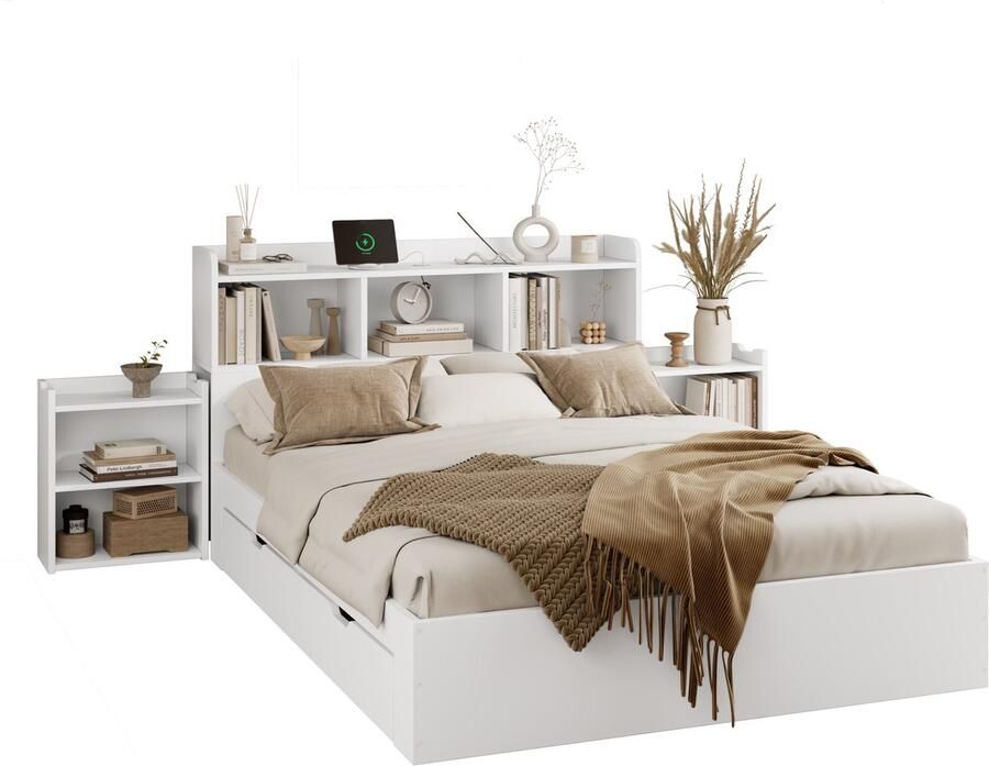 NA Massief Houten Combi tiebed 140x200cm Hoofdeinde met Ingebouwde Opbergbox Lades chtkastje lange opbergkast bankkruk opbergbed dubbel opbergbed tatamibed Wit (Geen matras)