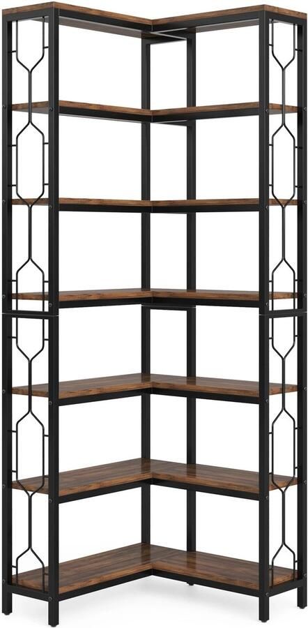 NaevaMi Hoekkast hoekrek hoekkastje hoekkast vakkenkast hoekmeubel Boekenkast 7 Laags Industrieel Hout Metaal Bruin Zwart 60x60x200cm