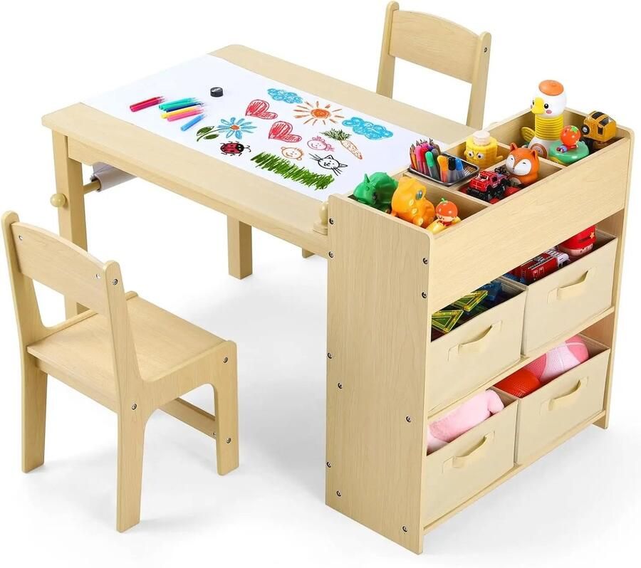 NaevaMi Kindertafel Knutseltafel Kinderen Kinder Bureau Speelkamer Hobbytafel Tekentafel Kinderen Hout 2 Stoelen Met Opbergplanken 103×56×64cm