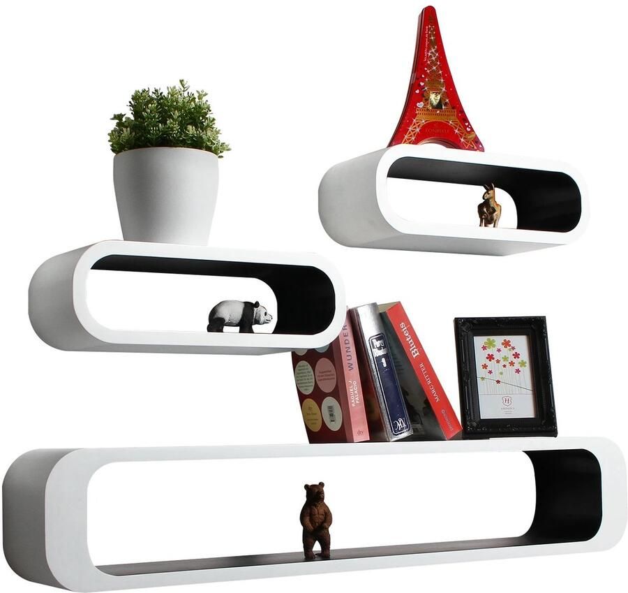 NaevaMi Wandplank Zwevend Wandplank Zwart Wit Wandplanken & Rekken Wandplank Kinderkamer Boekenplank Hout MDF 3 stuks