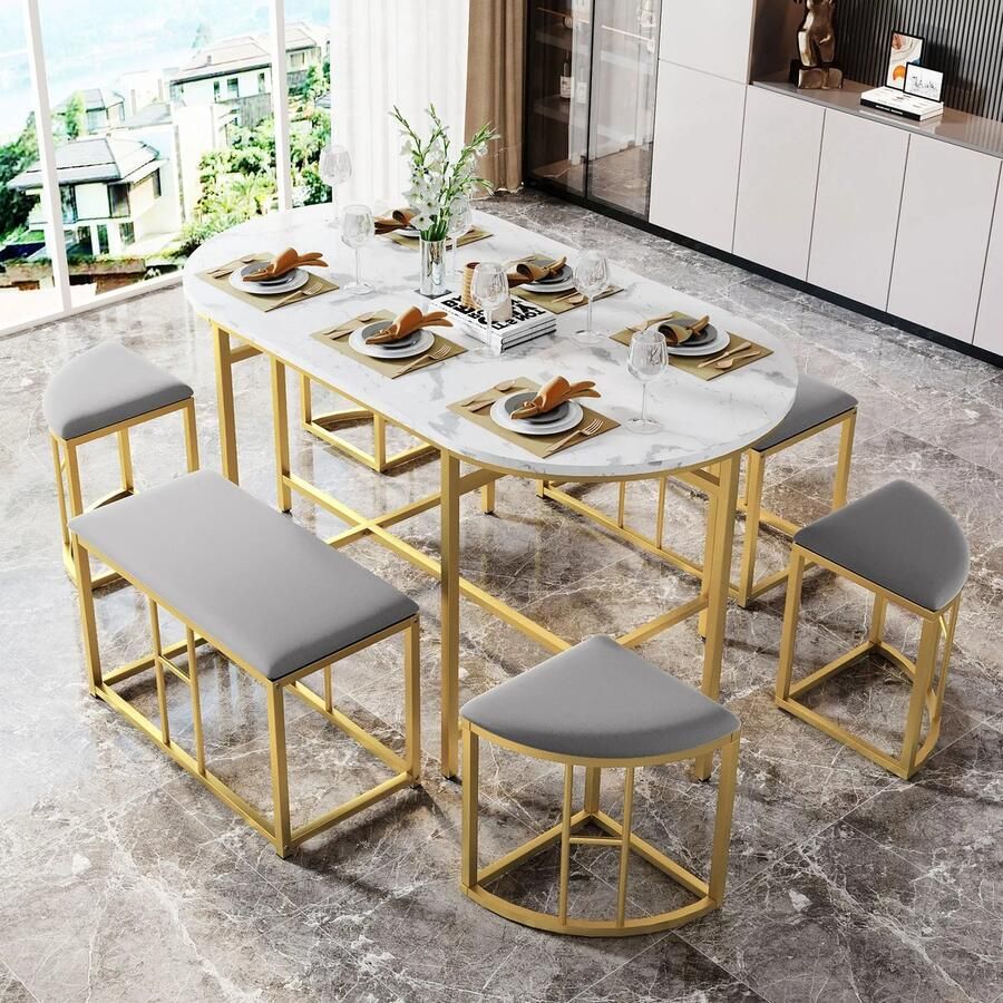 Naiz Eetkamerset Ovale eettafel Met krukjes Wit goud 6-8 personen 140 x 70 x 76 cm