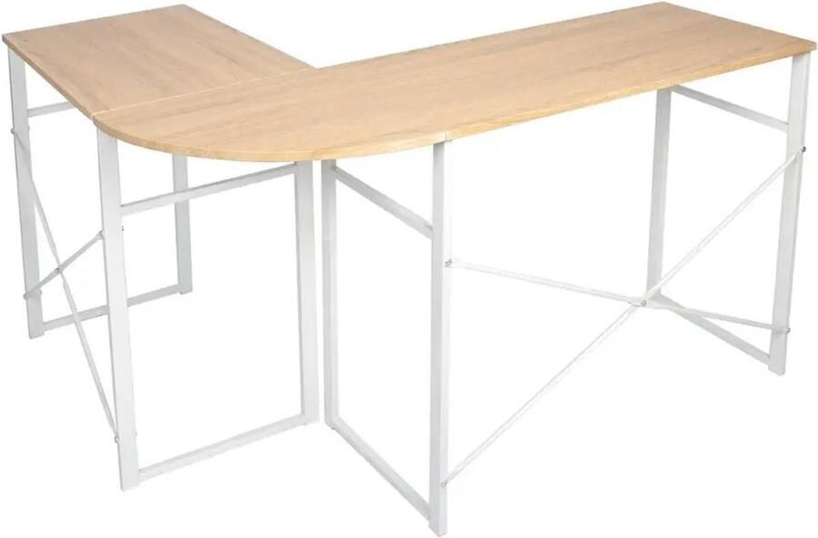 Naiz Hoekbureau L-vorm Wit metalen onderstel Lichte houten kleur bureaublad 83x40cm & 63x40cm (WxD); Hoogte 72 5 cm