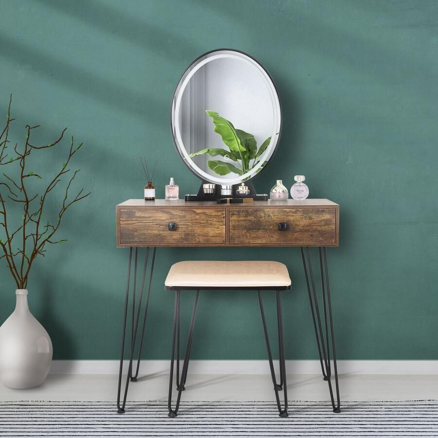 Naiz Kaptafel Industriele look Met krukje Met spiegel Met ledverlichting