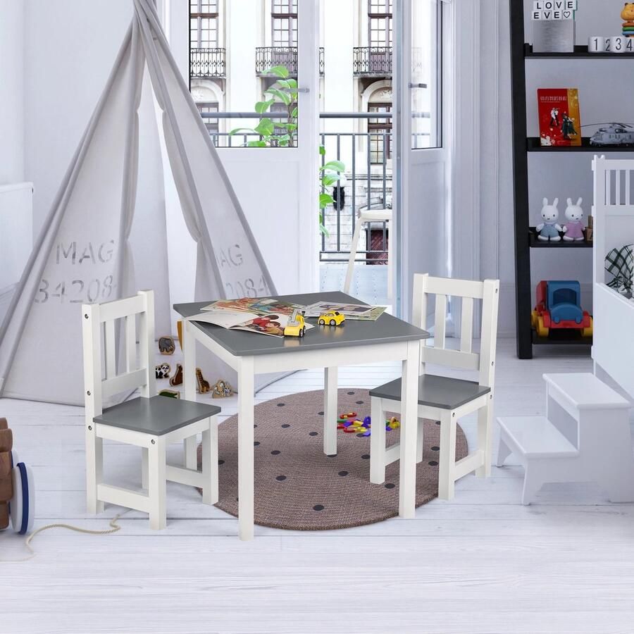 Naiz Kindertafel met 2 stoelen Kindermeubels Grijs wit Hout